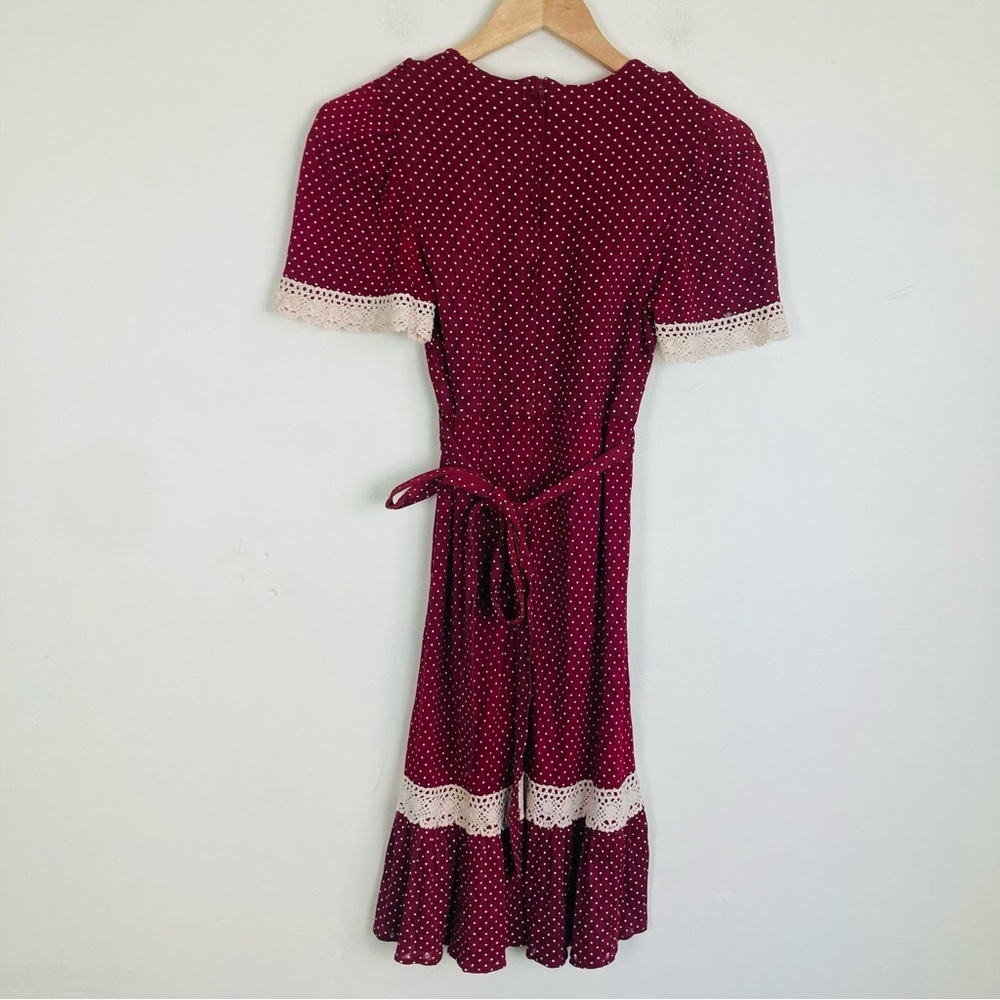 Vintage 1970s girls brick red polkadot prairie dress with crochet trim. Size 11. - Picture 4 of 5
